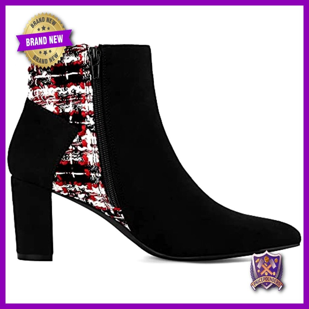 Tweed Plaid Ankle Boots with Bow Decor and Block Heels - Picture 7 of 7
